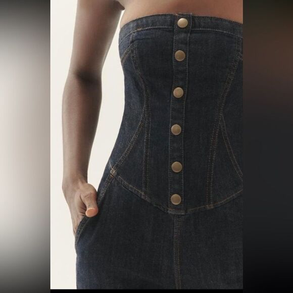 NEW! Anthropologie Pilcro Dark Denim Corset Wide Leg Jumpsuit - Size 12 - Picture 3 of 13